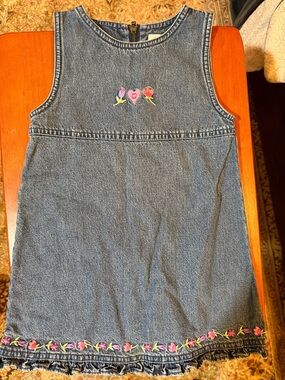 Sonoma Girls Denim Jumper Dress with Pink Floral Embroidery